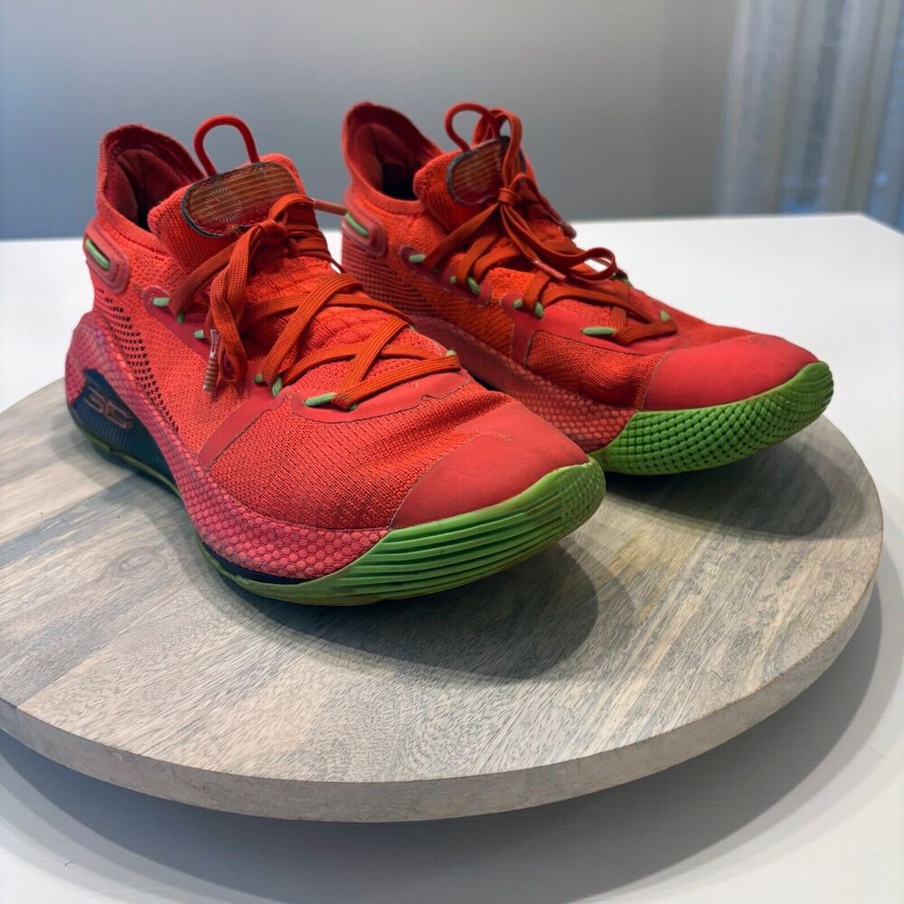 Under Armour Men's Curry 6 Roaracle Red Neon Green Sneakers 3020612-607‎ Size 8